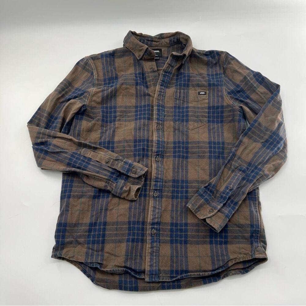 Vans Men’s Plaid Button Up Shirt Long Sleeve Blue Brown